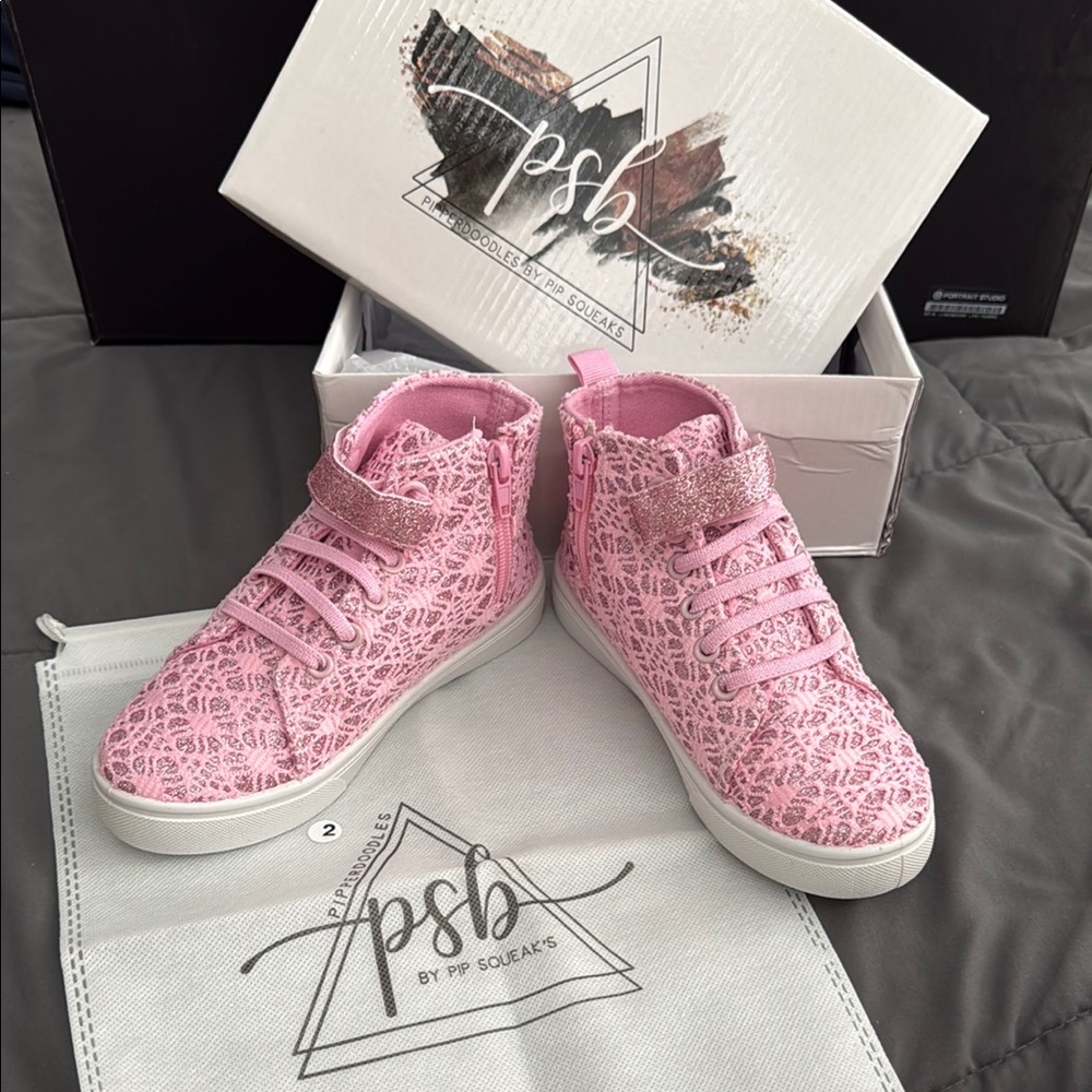 PSB by Pip Squeak’s Pink Lace High-Top Sneakers. Size 2. New in Box Velcro